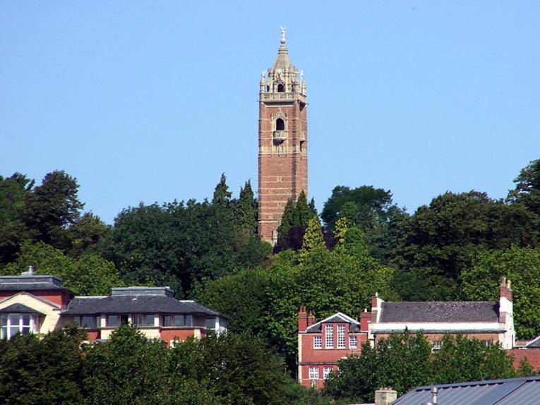 Cabot Tower made from sandstone on a hill in Bristol