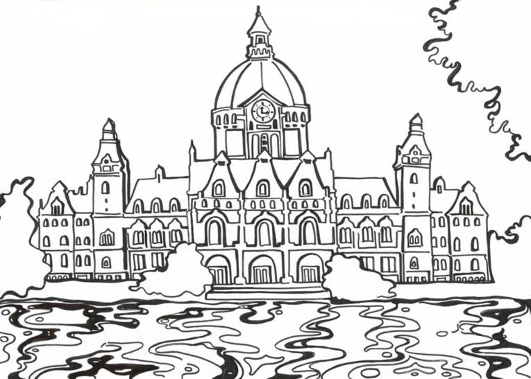 Eine Zeichnung des Neuen Rathauses