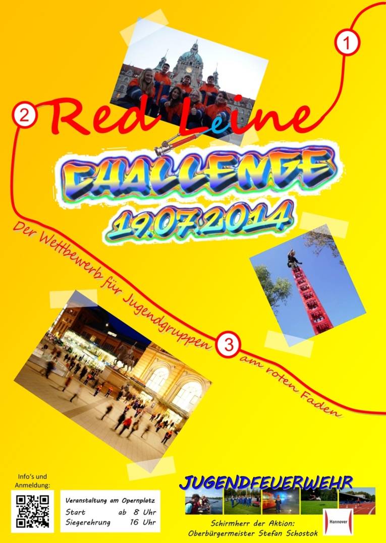 Red-Line-Challenge: Der Wettbewerb für Jugendfeuerwehren aus dem Stadtgebiet und der Region am 19.07.2014. Seite 1 des Veranstaltungsflyers.
