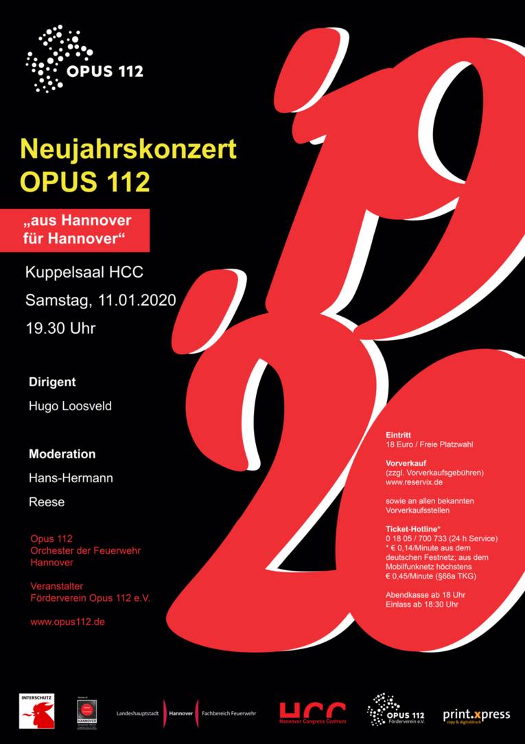 Plakat zum Neujahrskonzert 2020 von OPUS112 im Kuppelsaal des HCC