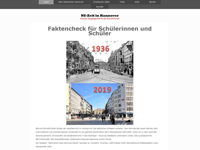 Bildschrimaufnahme der Seite NS-Zeit-Hannover.de. Zu erkennen sind Rubriken zum Navigieren, sowie zwei Aufnahmen des Lister Platzes, die zu einem Bild zusammenmontiert wurden. In der oberen Hälfte ist der Lister Platz im Jahr 1936 zu erkennen, in der unteren Hälfte vom Jahr 2019. Beide Bilder sind aus dem selben Winkel geschossen.
