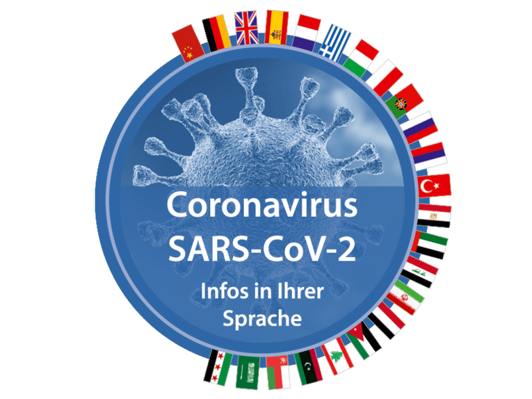 Blauer Kreis mit der Darstellung eines Virus, gesäumt von 21 Nationalflaggen