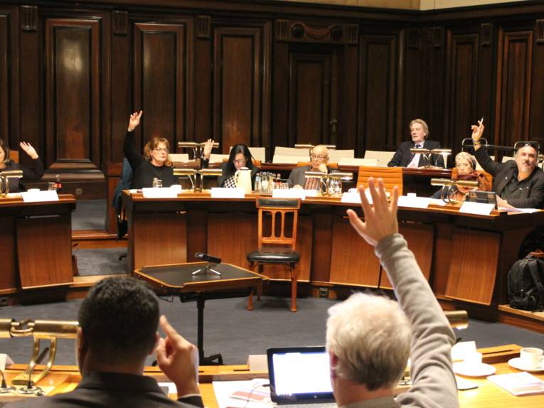 Etwa 20 Personen sitzen im Hodlersaal des neuen Rathauses. Die meisten davon heben ihre Hand, um ihre Zustimmung zu signalisieren.