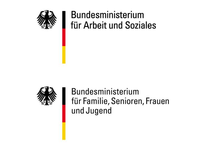 Die beiden Logos des Bundesministeriums für Arbeit und Soziales und des Ministeriums für Familie, Senioren, Frauen und Jugend