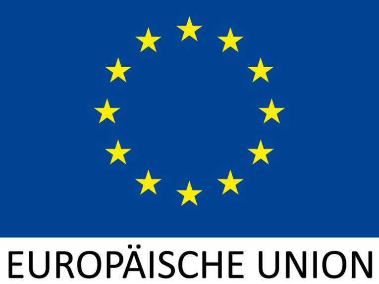 Die Flagge der europäischen Union mit zwölf Sternen im Kreis und dem Schriftzug "Europäische Union" ,
