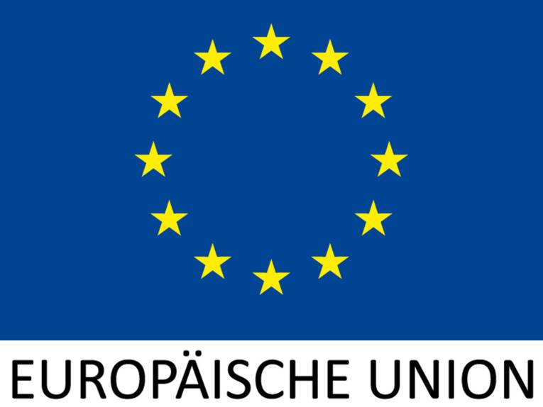 Die Flagge der europäischen Union mit zwölf Sternen im Kreis und dem Schriftzug "Europäische Union" ,
