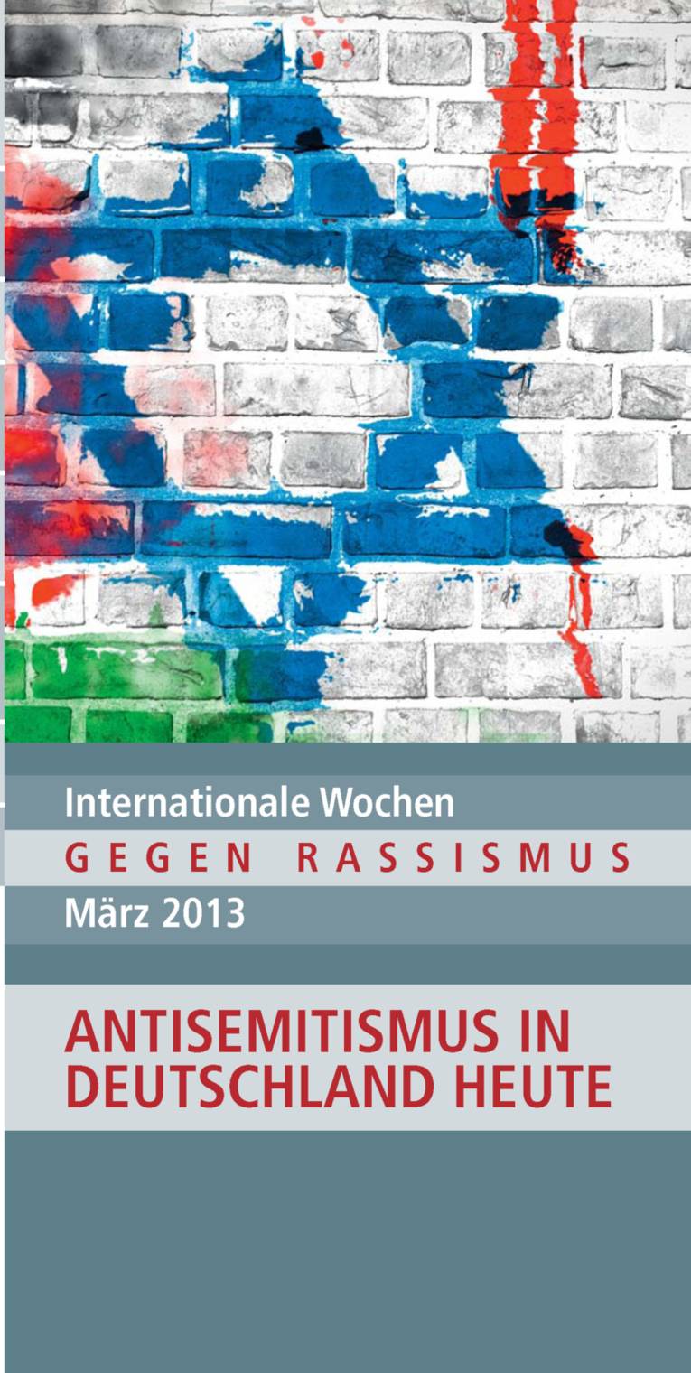 Deckblatt des Flyers Antirassismus-Wochen, zeigt u.a. einen gemalten blauen Davidstern auf einer Steinwand