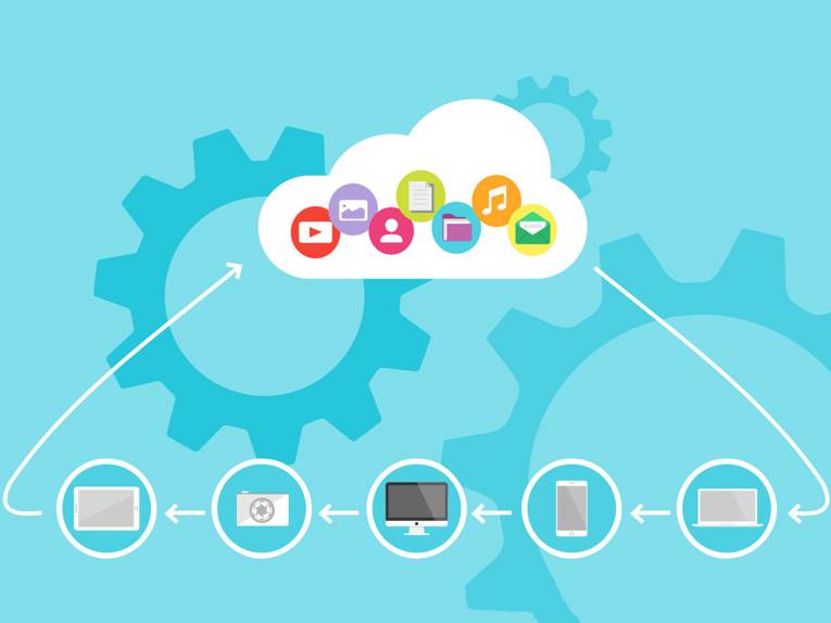 Symbolgrafik: In einer weißen Wolke befinden sich Symbole für Musikdateien, Bilddateien, persönliche Daten, die mit verschiedenen Geräten, wie Handy, Kamera, Laptop im Datenaustausch stehen. Im Hintergrund ein Zahnradmotiv.