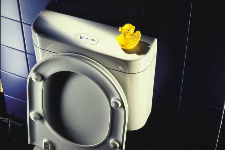 Hochgeklappter Toilettendeckel lehnt an Spülkasten, auf dem eine kleine, gelbe Plastikente als Dekoration sitzt