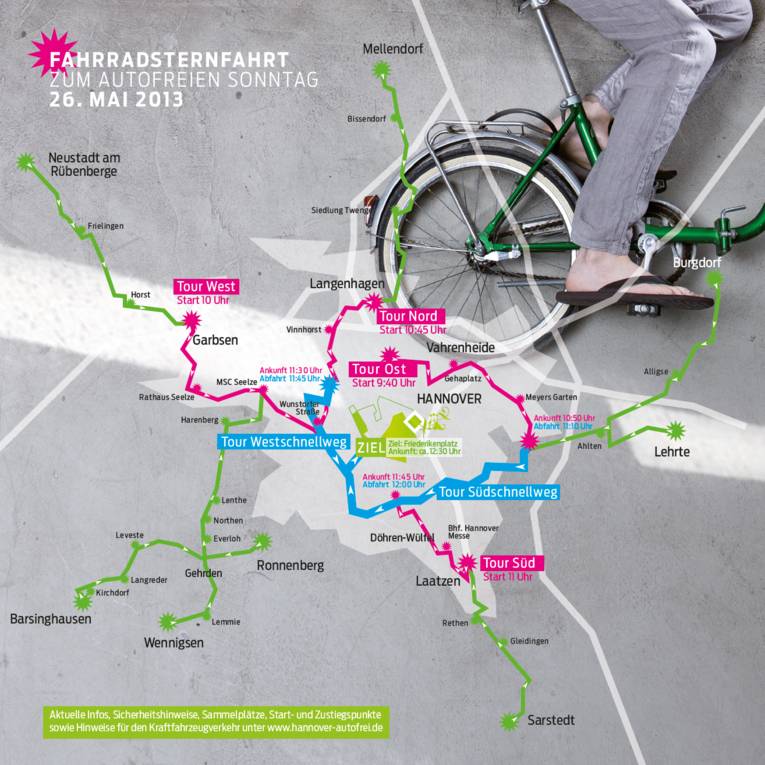 Stilisierte Karte der Stadt und Region Hannover, verschiedene farbige Routen stellen den Weg der Fahrradsternfahrt zum Autofreien Sonntag dar