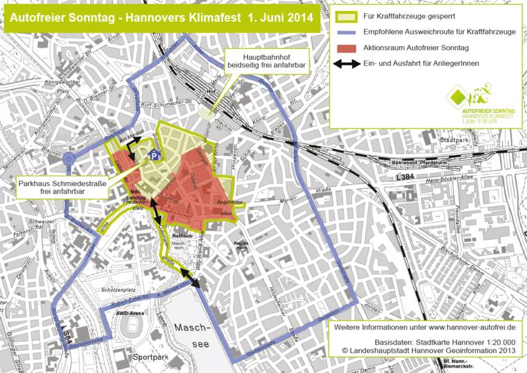 Karte von der Innenstadt Hannovers, auf der durch verschiedene Markierungen die Straßensperrungen zum Autofreien Sonntag markiert sind