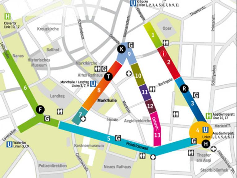 Aktionsflächen und Bühnen sind auf der Innenstadtkarte Hannovers farbig markiert 
