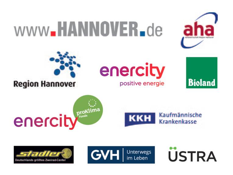 Logos der Sponsoren von Autofreier Sonntag 2018: aha, Bioland, enercity proKlima Fonds, enercity positive energie, GVH, KKH, Region Hannover, Stadler, Üstra, www.hannover.de