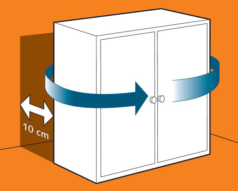 Zeichnung eines Schranks, der 10 cm von der Wand entfernt steht