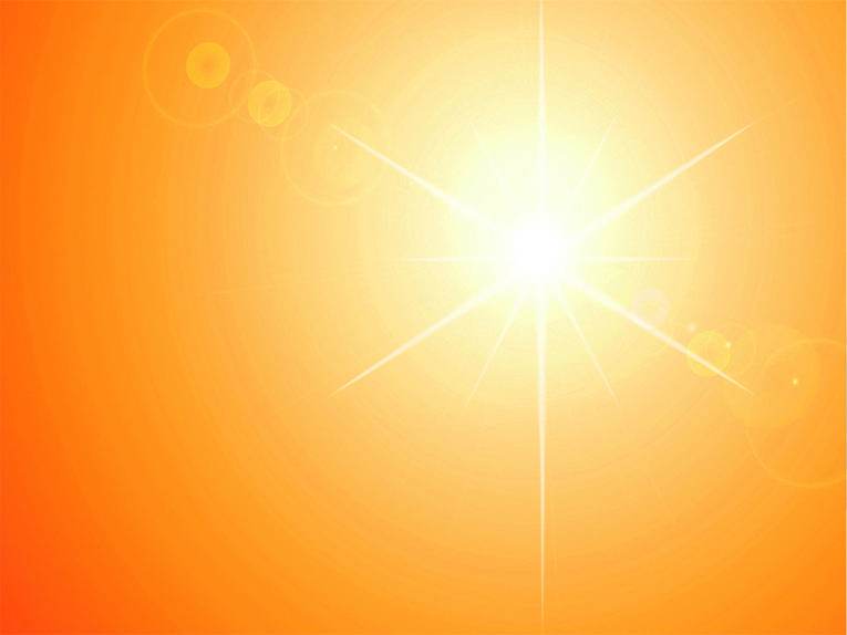 Orangefarbener Hintergrund mit einer gleißenden Sonne mit Sonnenstrahlen