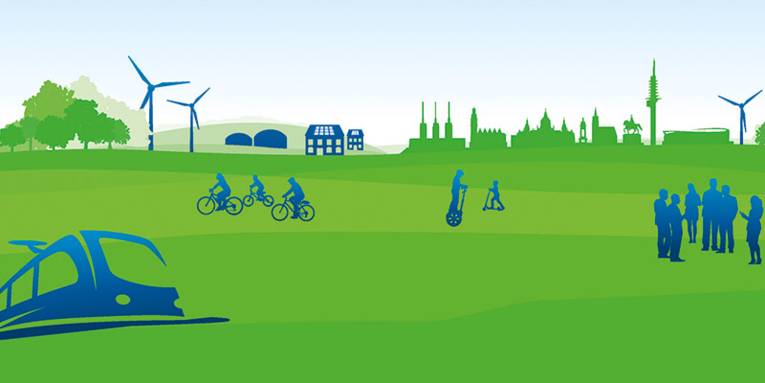 Grafik: Vor der Stadtsilhouette Hannovers bewegen sich Menschen mit klimafreundlichen Fahrzeugen (Bahn, Fahrrad, Roller) fort oder stehen zusammen und diskutieren. Im Hintergrund Windkraft- und Biogasanlagen.