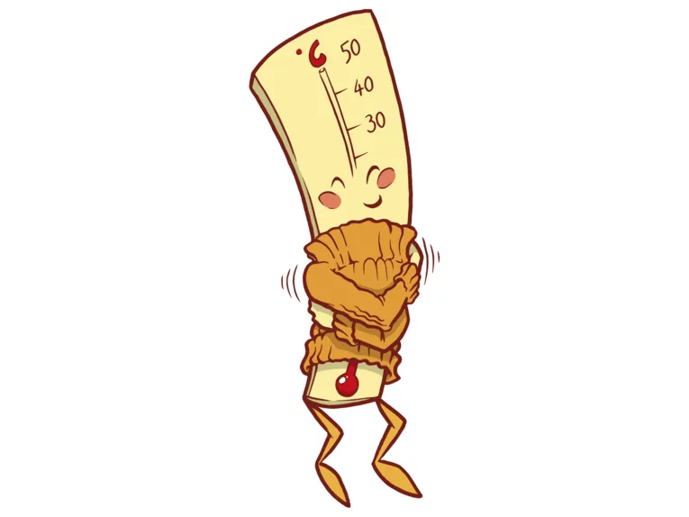 Ein gezeichnetes Thermometer, das sich in einen Pullover kuschelt. 