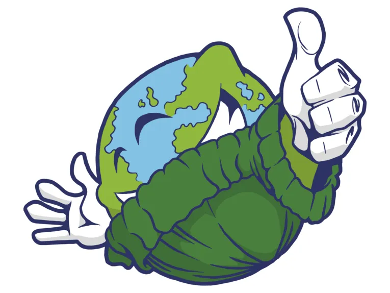 Illustration eines Erdballs, der einen grünen Pullover trägt. 