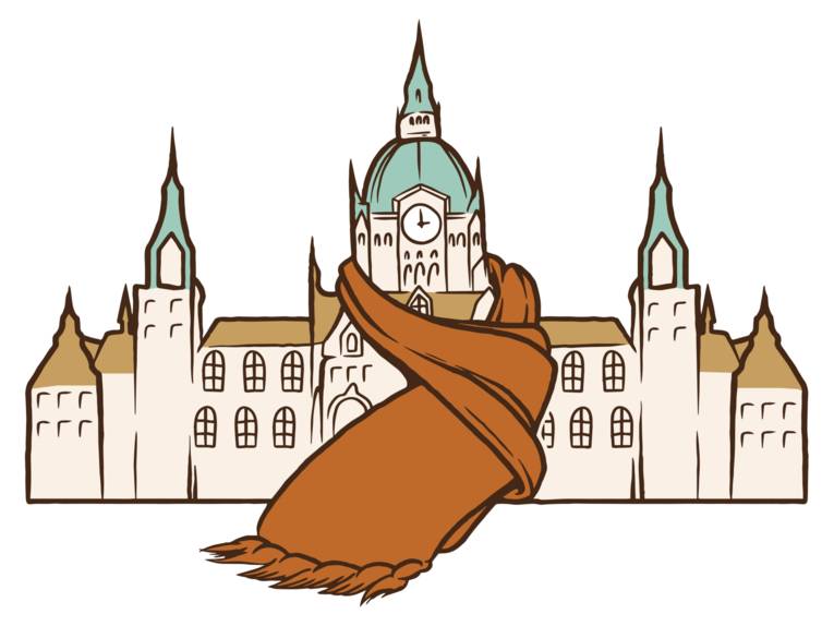 Eine bunte Zeichnung, die das Neue Rathaus zeigt, das einen Schal trägt.