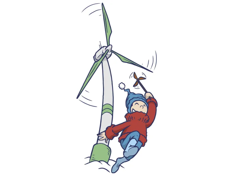 Illustration, die einen Jungen mit einer kleinen Windmühle in der Hand vor einem Windrad zeigt.