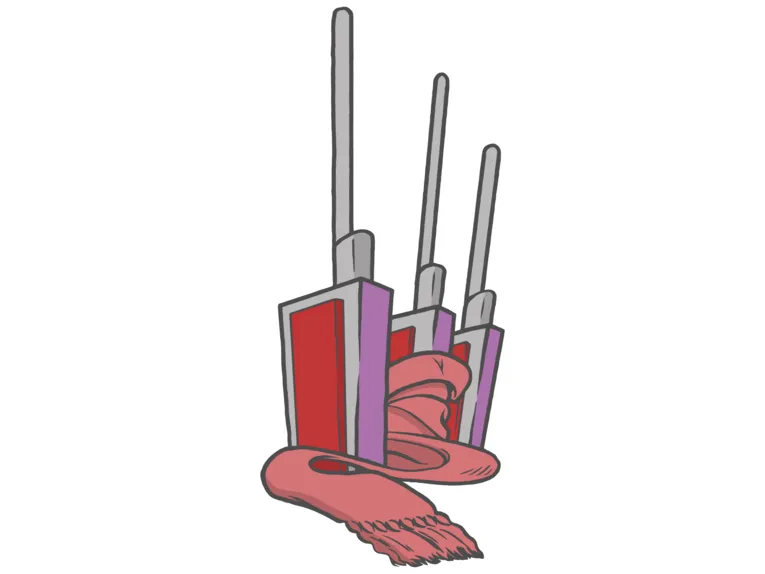 Illustration der Heizkraftwerke in Linden. Um den mittleren Turm liegt ein roter Schal.