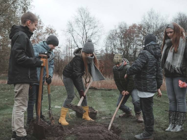 Kinder buddeln auf dem Gelände der Concordia-Versicherung ein Loch, um einen Baum zu pflanzen.