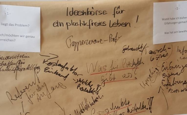 Auf einem Plakat stehen Ideen für die Organisation einer Veranstaltung zum Thema Plastik vermeiden.