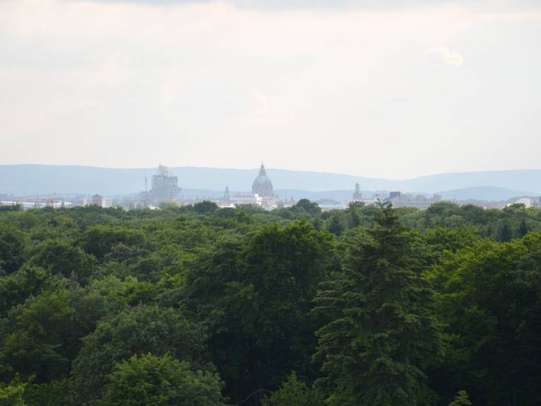 Blick über Bäume auf die Stadtsilhouette Hannovers