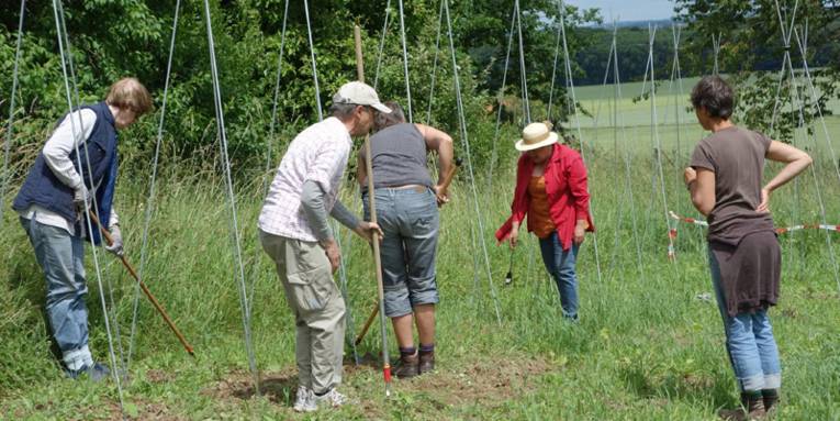 Freiwillige verrichten Gartenarbeit