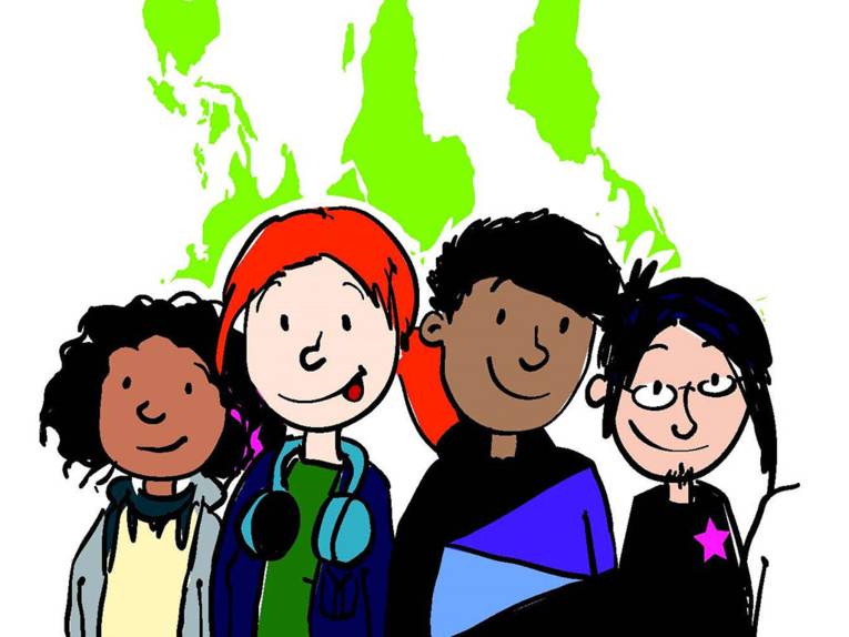 Comic-artige Zeichnung, die vier Heranwachsende vor den verschiedenen Kontinenten der Erde zeigt