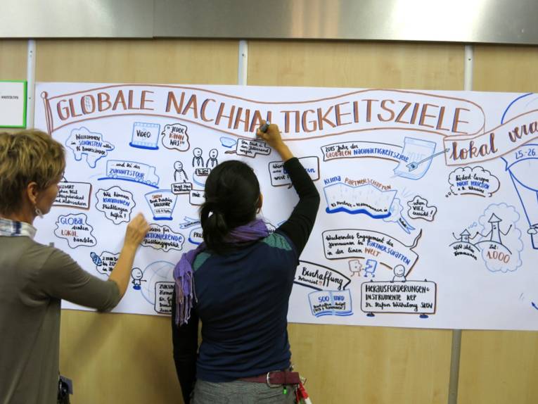 Zwei Frauen visualisieren Nachhaltigkeitsziele an einer Schauwand