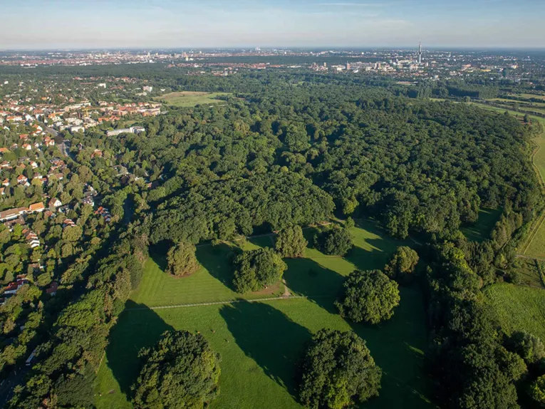 Blick auf Bäume und Felder am Rand Hannovers