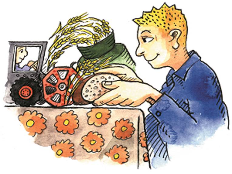 Zeichnung, die versinnbildlicht, wie aus dem Getreide, das der Bauer erntet, Brot für den Verbraucher entsteht