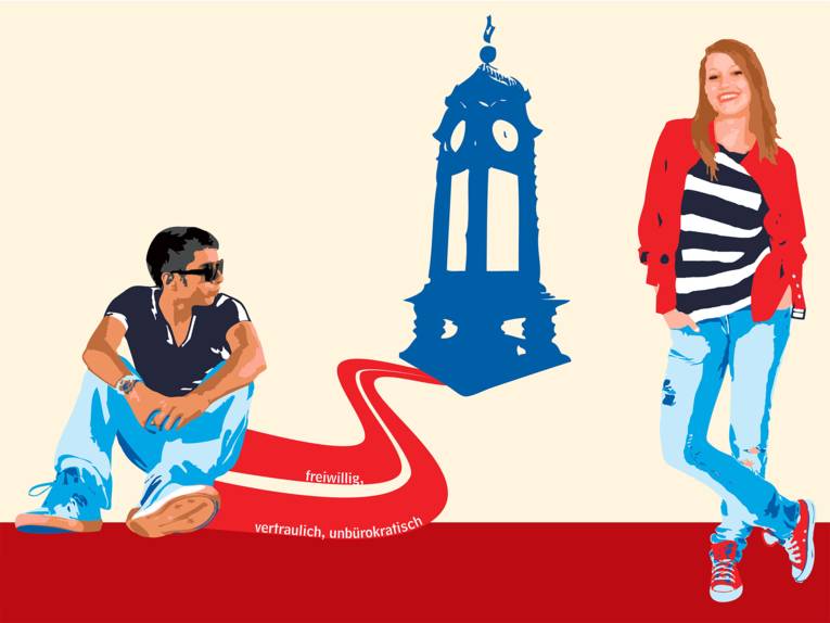 Zeichnung: Ein junger Mann mit Sonnenbrille sitzt auf dem Boden und schaut zu einer jungen Frau, die in der Nähe der Kröpcke-Uhr steht.