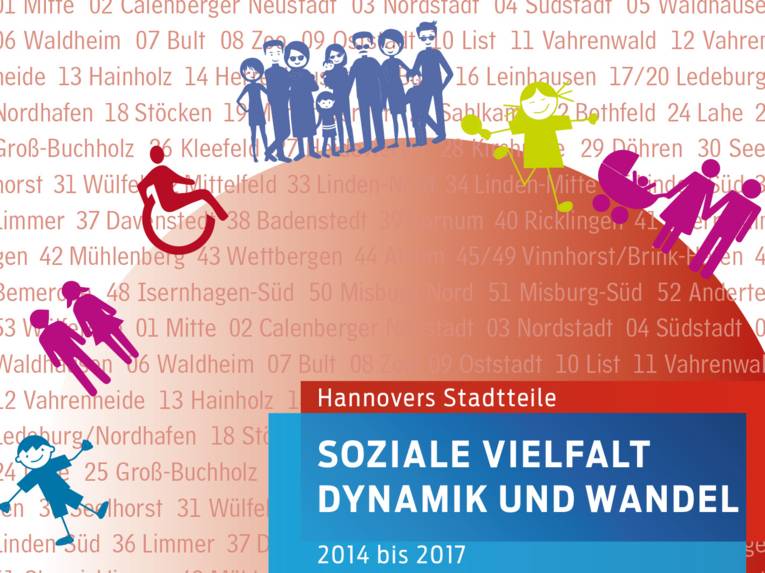 Teilansicht des Deckblatts der Broschüre "Soziale Vielfalt, Dynamik und Wandel" - Hannovers Stadtteile von 2014 bis 2017, auf der zahlreiche als Strichmännchen stilisierte Figuren zu erkennen sind.