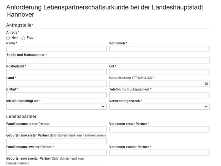 Vorschauansicht auf das Online-Formular "Anforderung einer Lebenspartnerschaftsurkunde bei der Landeshauptstadt Hannover"