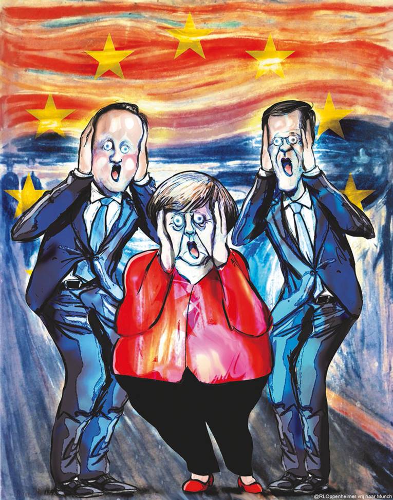 Karikatur von drei europäischen Politikern, die in Anspielung auf das weltberühmte Gemälde "Der Schrei" von Munch ihre Münder zum Schrei aufreißen.