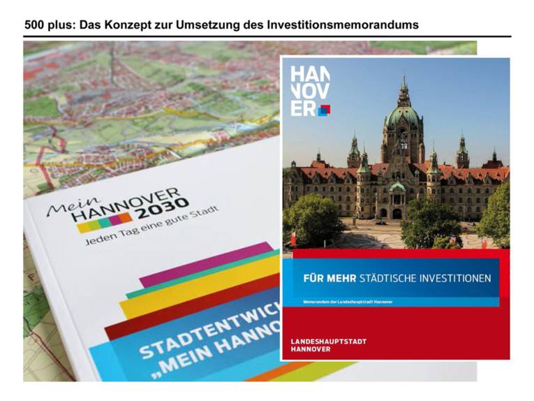 Auf der Stadtkarte Hannovers liegt die Publikation "Mein Hannover 2030 - Stadtentwicklung" sowie das Memorandum der Landeshauptstadt für mehr städtische Investitionen