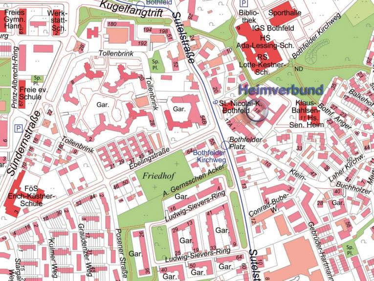 Darstellung des Heimverbundes in der Sutelstraße auf der Stadtkarte Hannovers