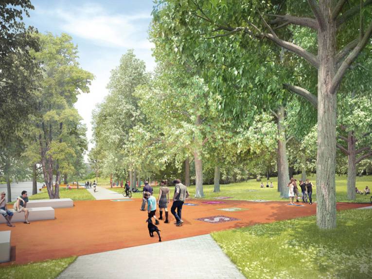 Zeichnung eines Teilausschnitts des geplanten Stadtteilparks in Linden Süd - Menschen sitzen auf dem Rasen oder auf Steinen, während andere spazieren gehen oder mit dem Fahrrad am Wasser entlang radeln.