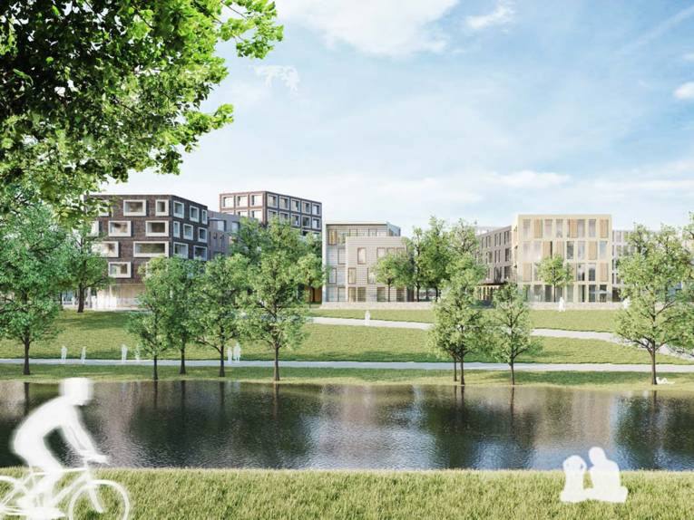 Entwurfsansicht einer Bebauung mit Wohngebäuden an einem Flußufer