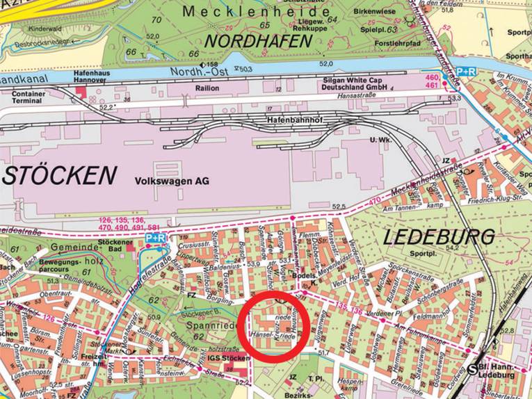 Das Gebiet zwischen Stöcken und Ledeburg, in dem Bauplätze zur Verfügung stehen, ist auf der Stadtkarte rot umrandet.