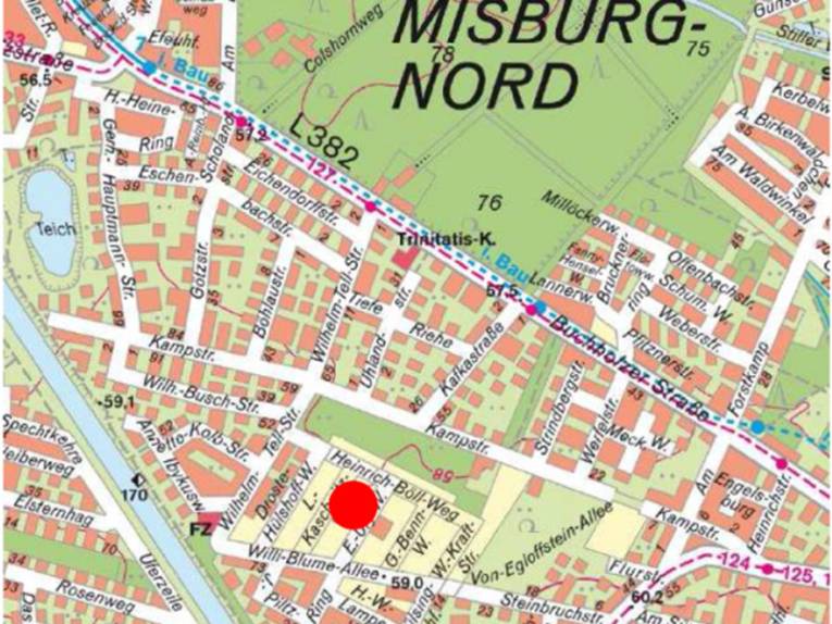 Die Lage der Grundstücke im Luise-Kaschnitz-Weg ist durch einen roten Punkt auf dem Stadtkartenausschnitt von Misburg-Nord gekennzeichnet