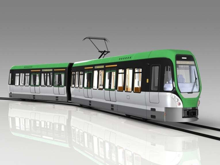 Außenperspektive des neuen Stadtbahnfahrzeugs in 3D
