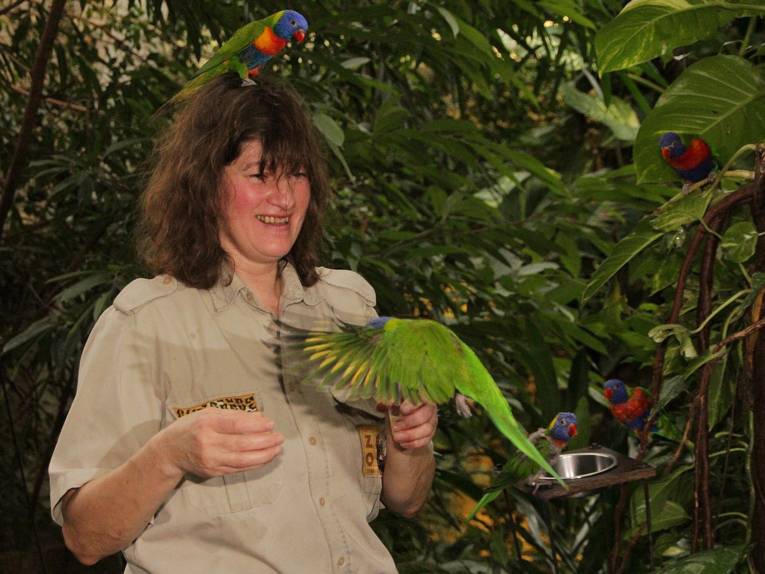 Frau mit Papageien. 