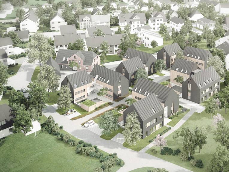 Grafik einer modernen Wohnsiedlung.