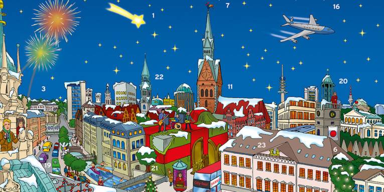 Zeichnung der verschneiten hannoverschen Altstadt mit diversen Prominenten 