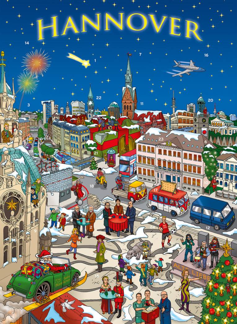 Zeichnung der verschneiten hannoverschen Altstadt mit diversen Prominenten