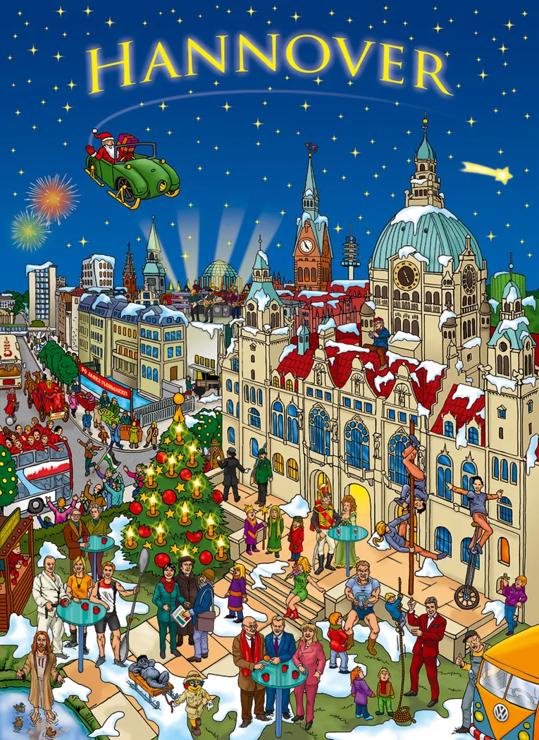 Das Motiv des Adventskalenders zeigt eine gro&szlig;e Weihnachtsshow im Maschpark.