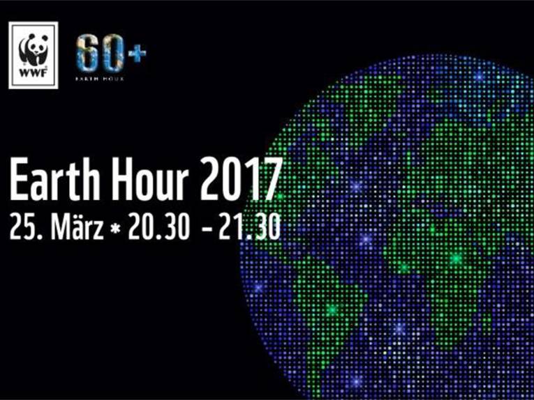 Weltkugel aus Lichtpunkten und links daneben der Termin der Earth Hour 2017